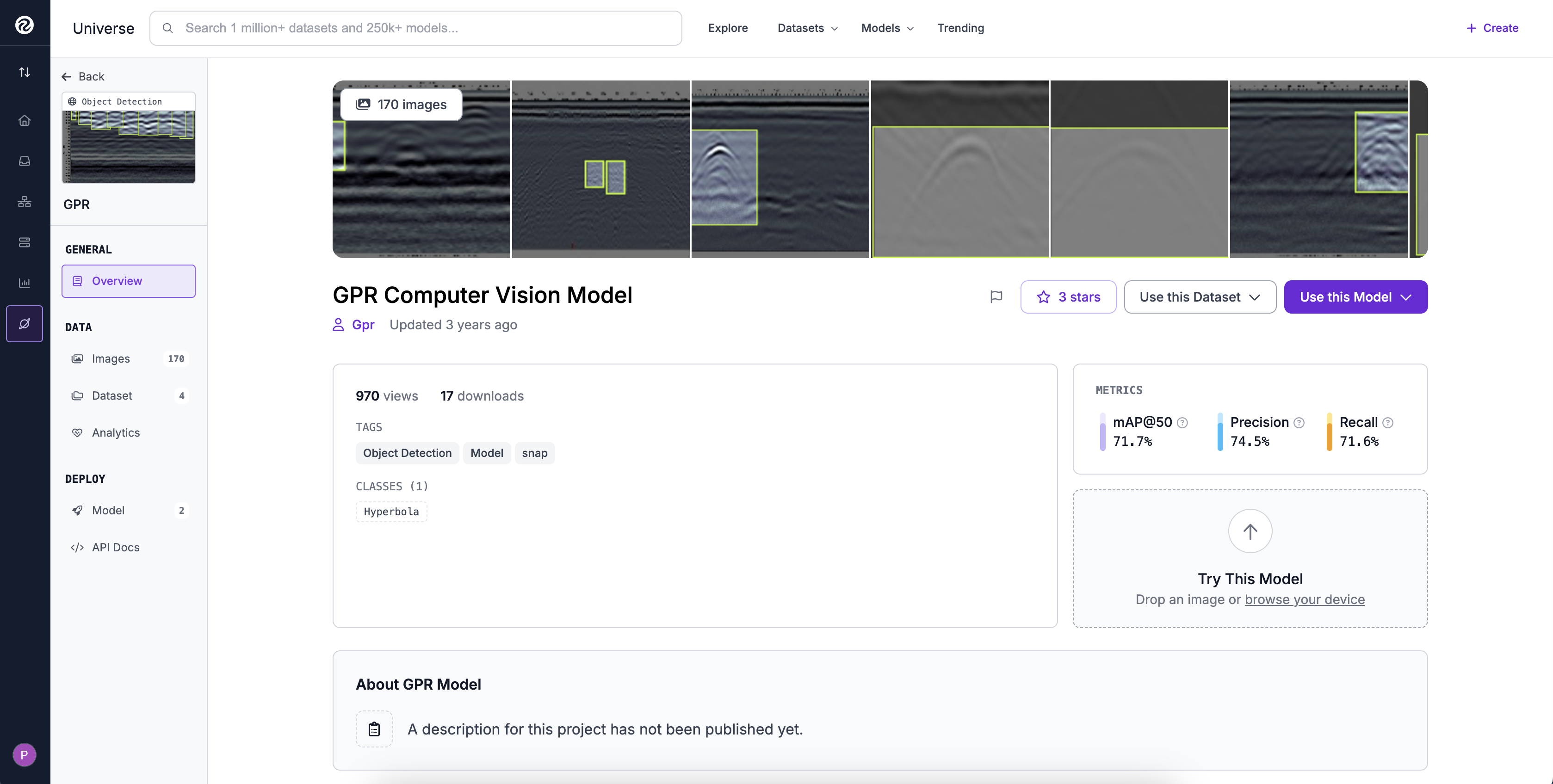 Roboflow Universe - GPR Dataset Page