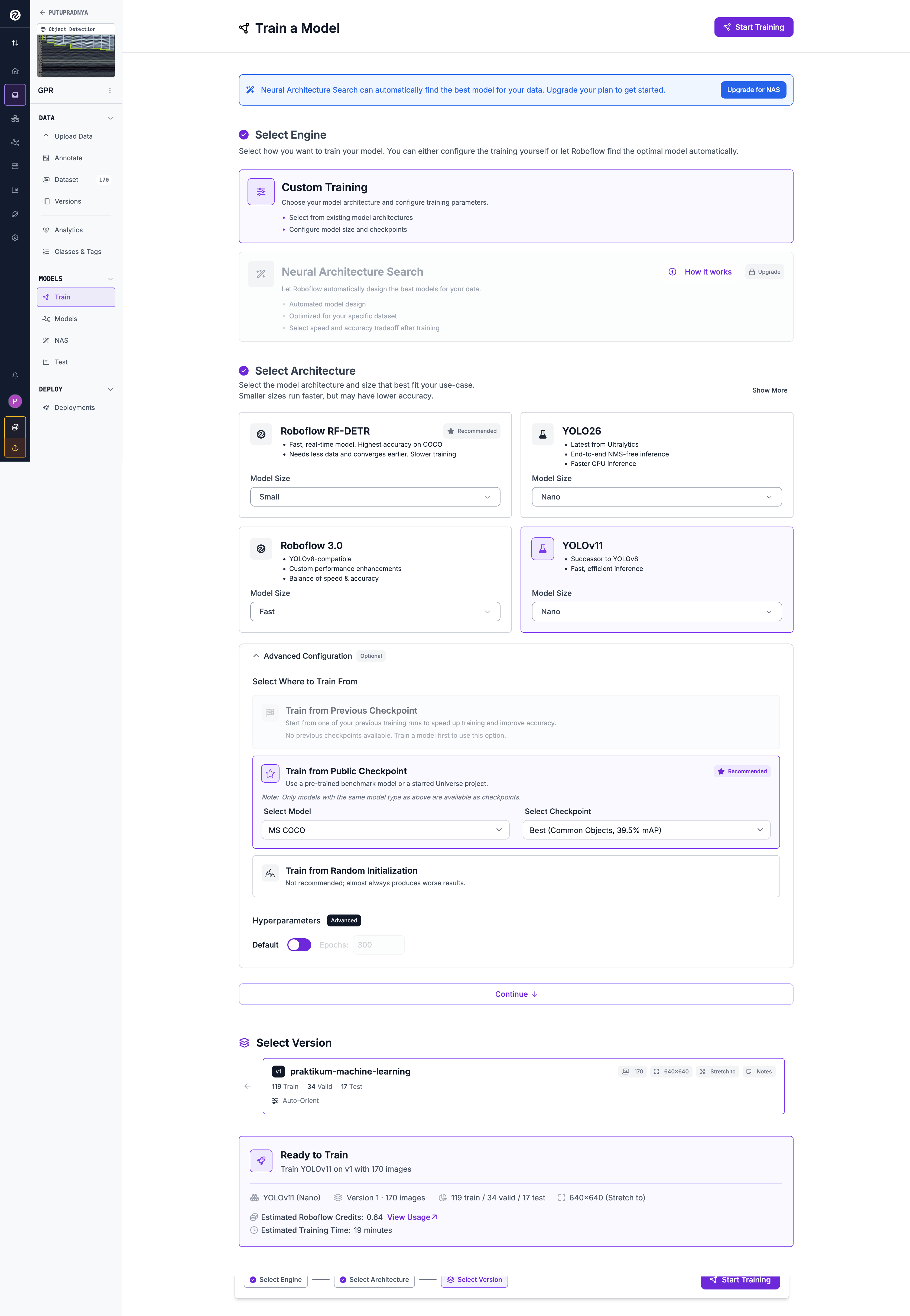 Training Configuration Page